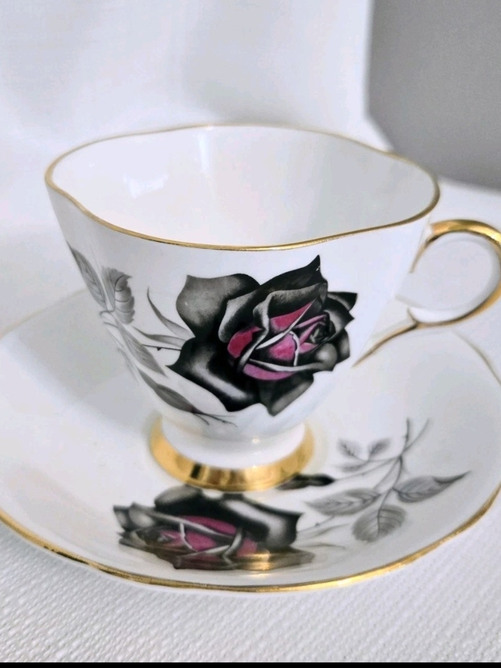 Black Rose Tea Cup Saucer Set Bone China England Royal Grafton Halloween Goth